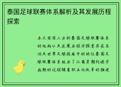 泰国足球联赛体系解析及其发展历程探索